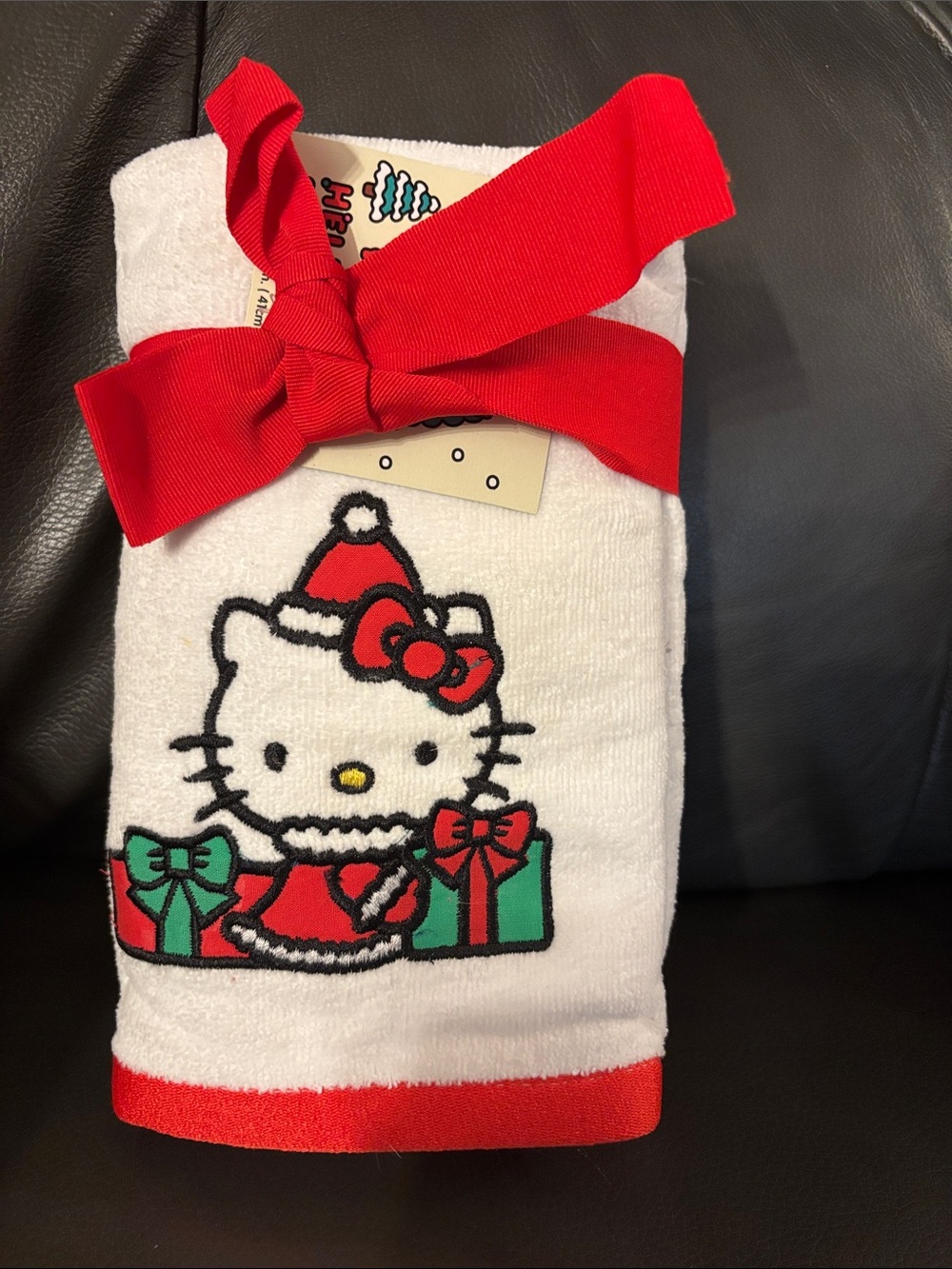 Hello Kitty White Hand Towel with Red Bow & Holiday Green Accents